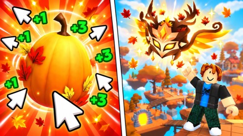 Tap Simulator: Reborn key art with a pumpkin surrounded by cursor icons and +1 and +3 popups, next to an autumn pet and a blocky character in a colorful island setting
